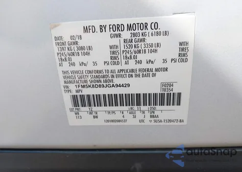 2018 Ford Explorer Xlt из США, поврежденный, VIN 1FM5K8D89JGA94429